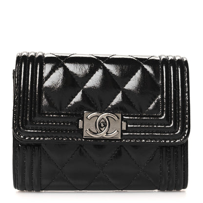 Chanel Distressed Patent Quilted Boy Flap Card Holder Wallet Black 1 of 10