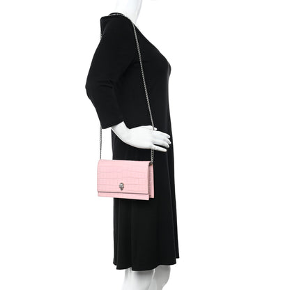 Alexander McQueen Calfskin Crocodile Embossed Skull Mini Crossbody Bag Pink 2 of 13