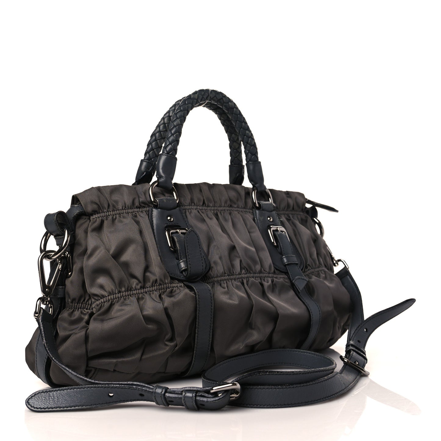 Tessuto Nylon Nappa Braided Gaufre Shopping Satchel Grey