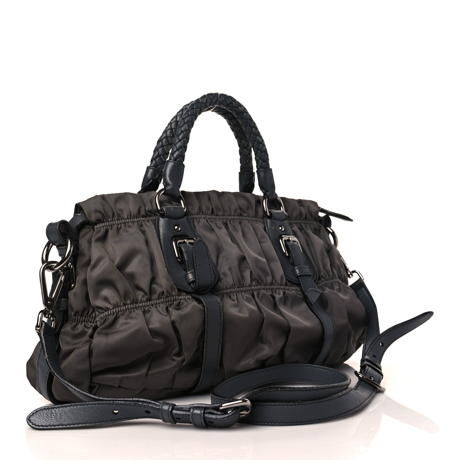 Prada Tessuto Nylon Nappa Braided Gaufre Shopping Satchel Grey 3 of 14