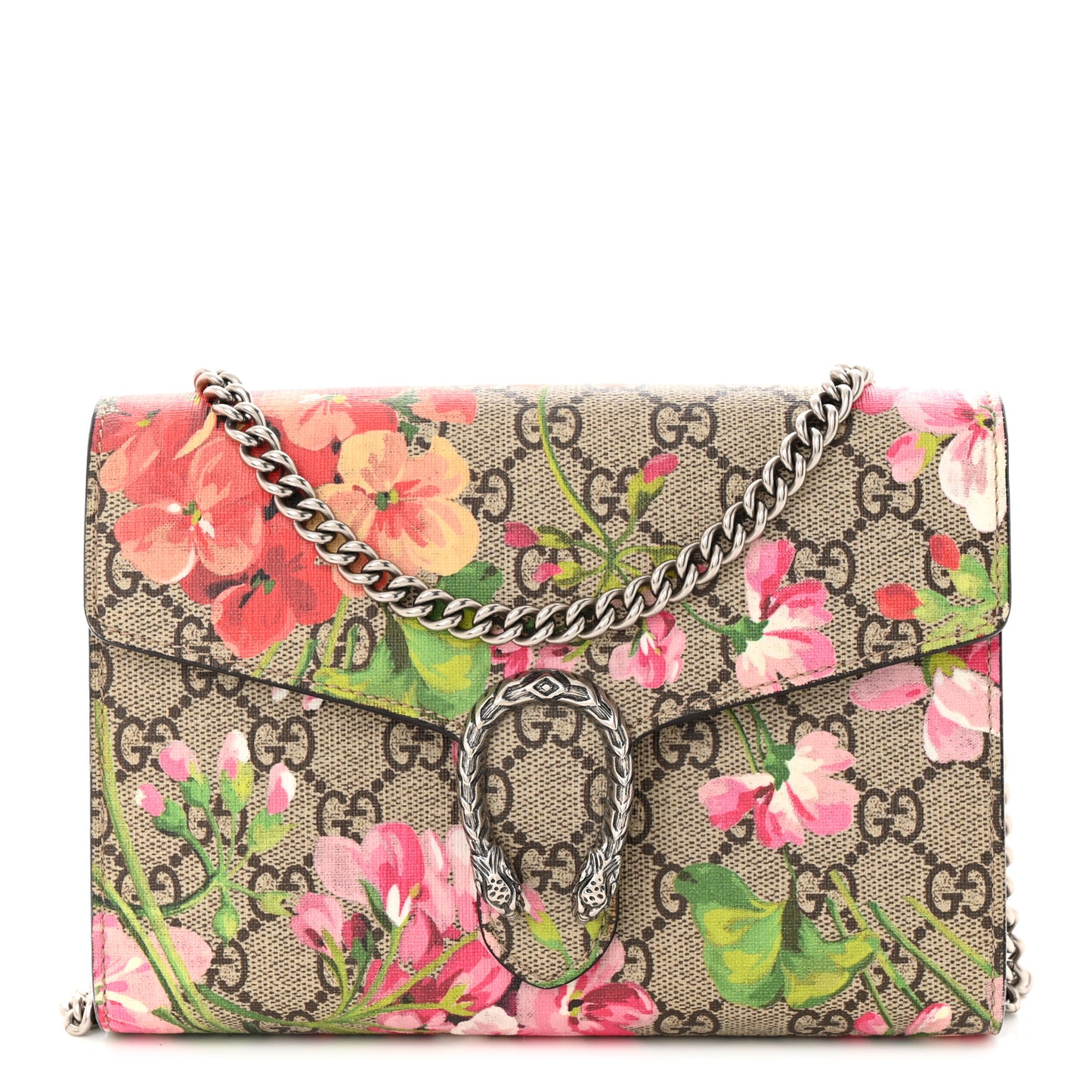 GG Supreme Monogram Blooms Mini Dionysus Chain Wallet Beige Multicolor Dry Rose