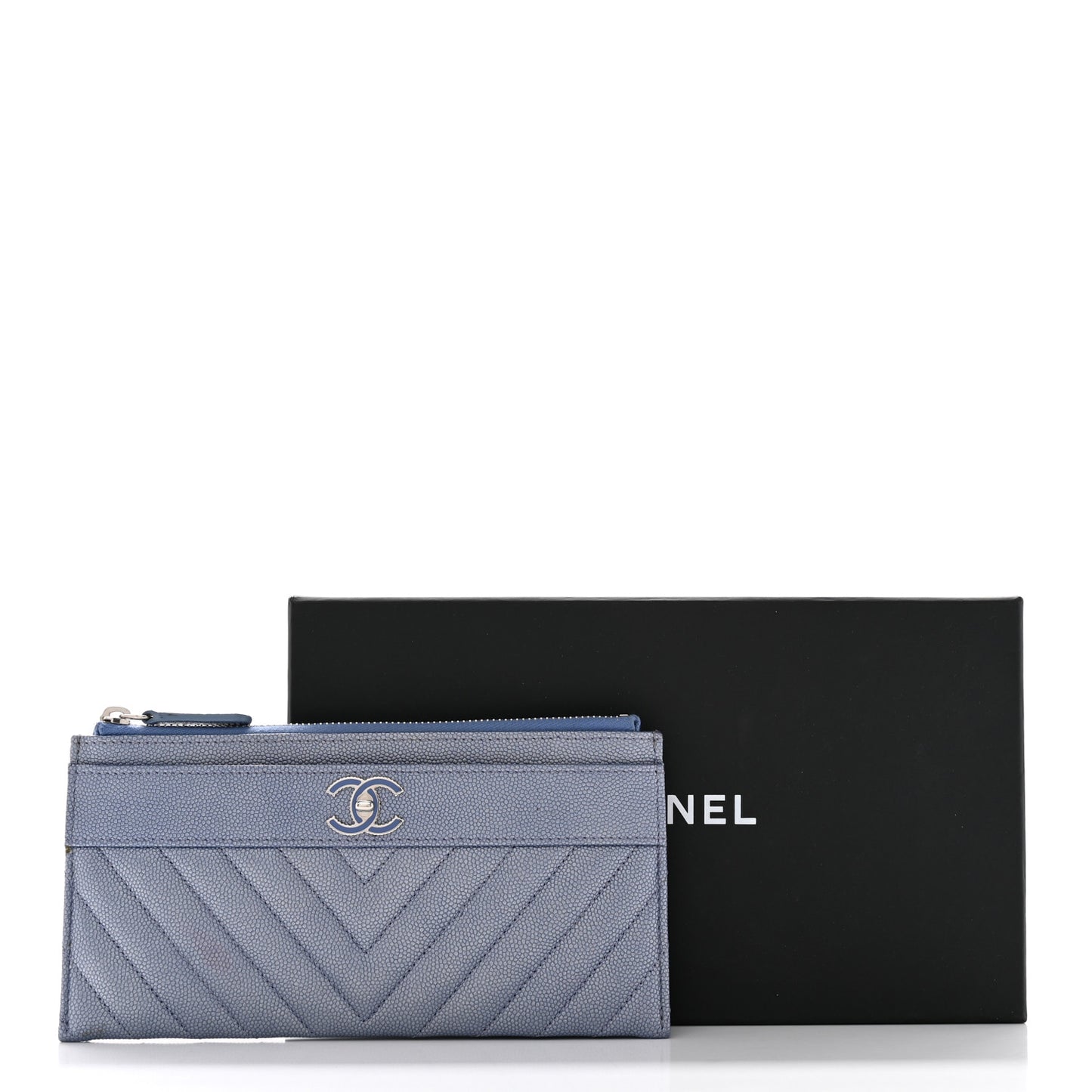 Metallic Caviar Chevron Quilted Mademoiselle Vintage Zip Pouch Blue