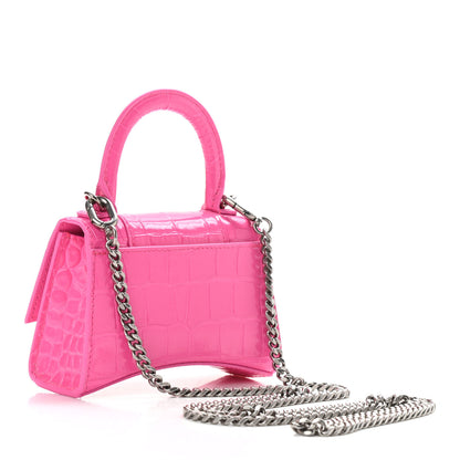 Balenciaga Shiny Calfskin Crocodile Embossed Hourglass Top Handle Bag Mini with Chain Neon Pink 3 of 10