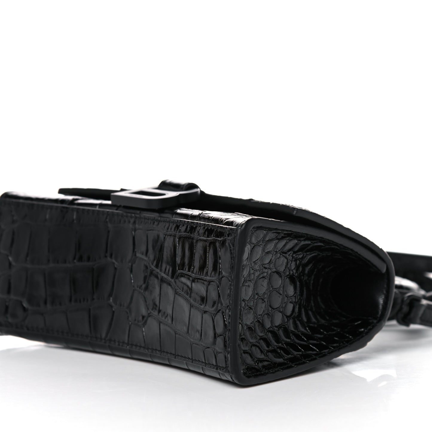 Shiny Calfskin Monochrome Crocodile Embossed Hourglass Top Handle Bag XS Black