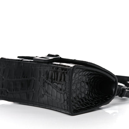 Balenciaga Shiny Calfskin Monochrome Crocodile Embossed Hourglass Top Handle Bag XS Black 8 of 10