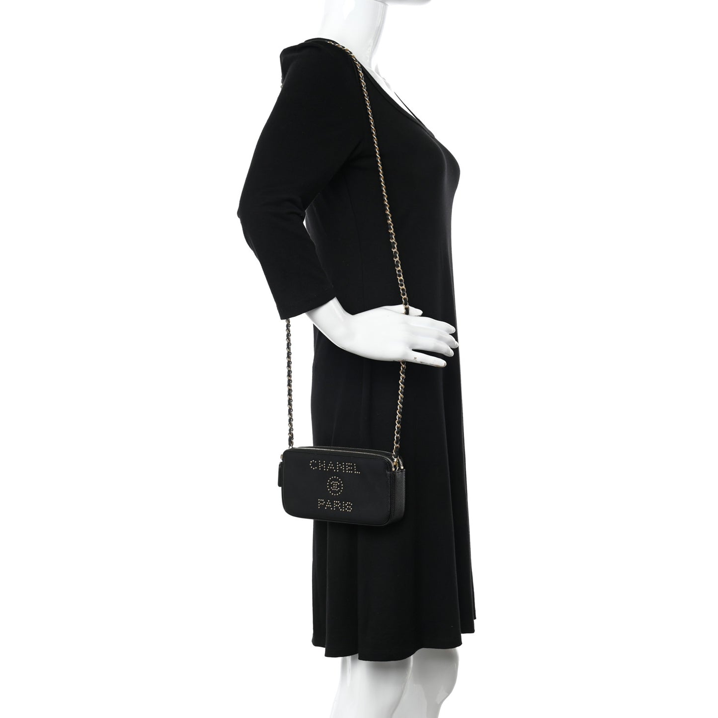 Caviar Studded Small Deauville Clutch With Chain Black
