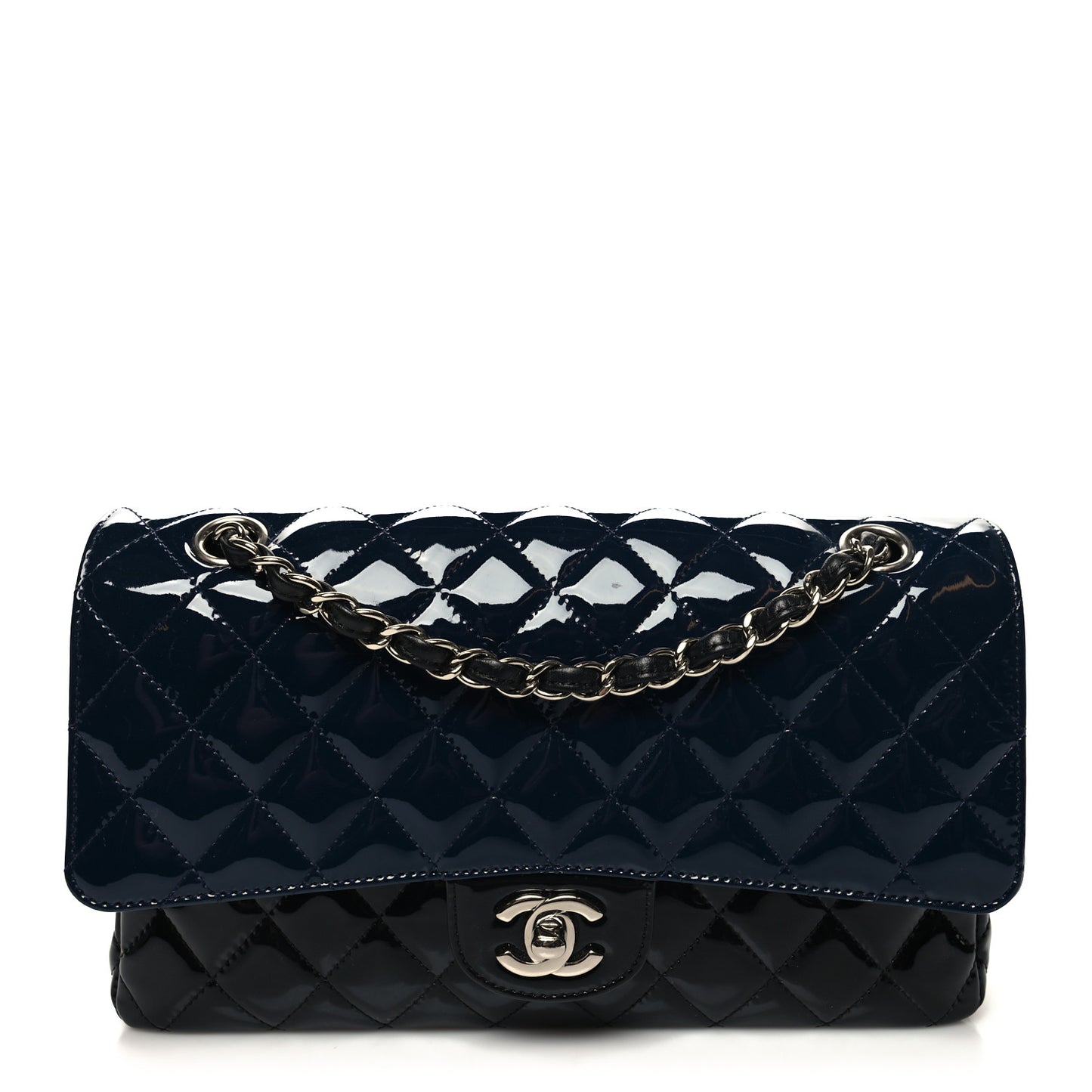 Patent Calfskin Quilted Bi-Color Medium Double Flap Navy Blue Black