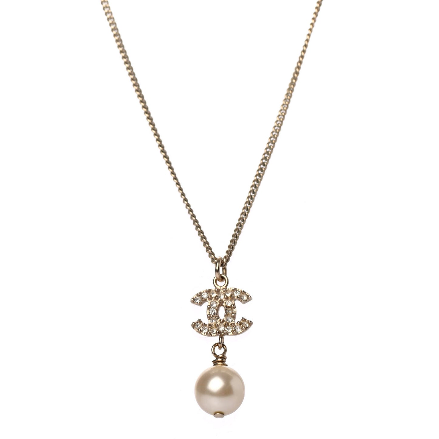 Pearl Crystal CC Drop Necklace Light Gold