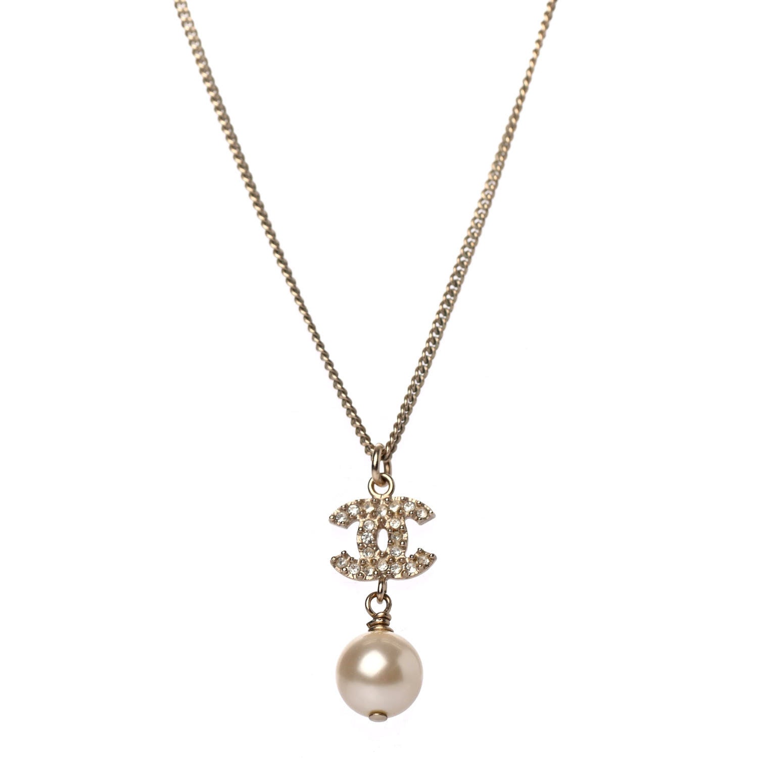 Chanel Pearl Crystal CC Drop Necklace Light Gold 1 of 4