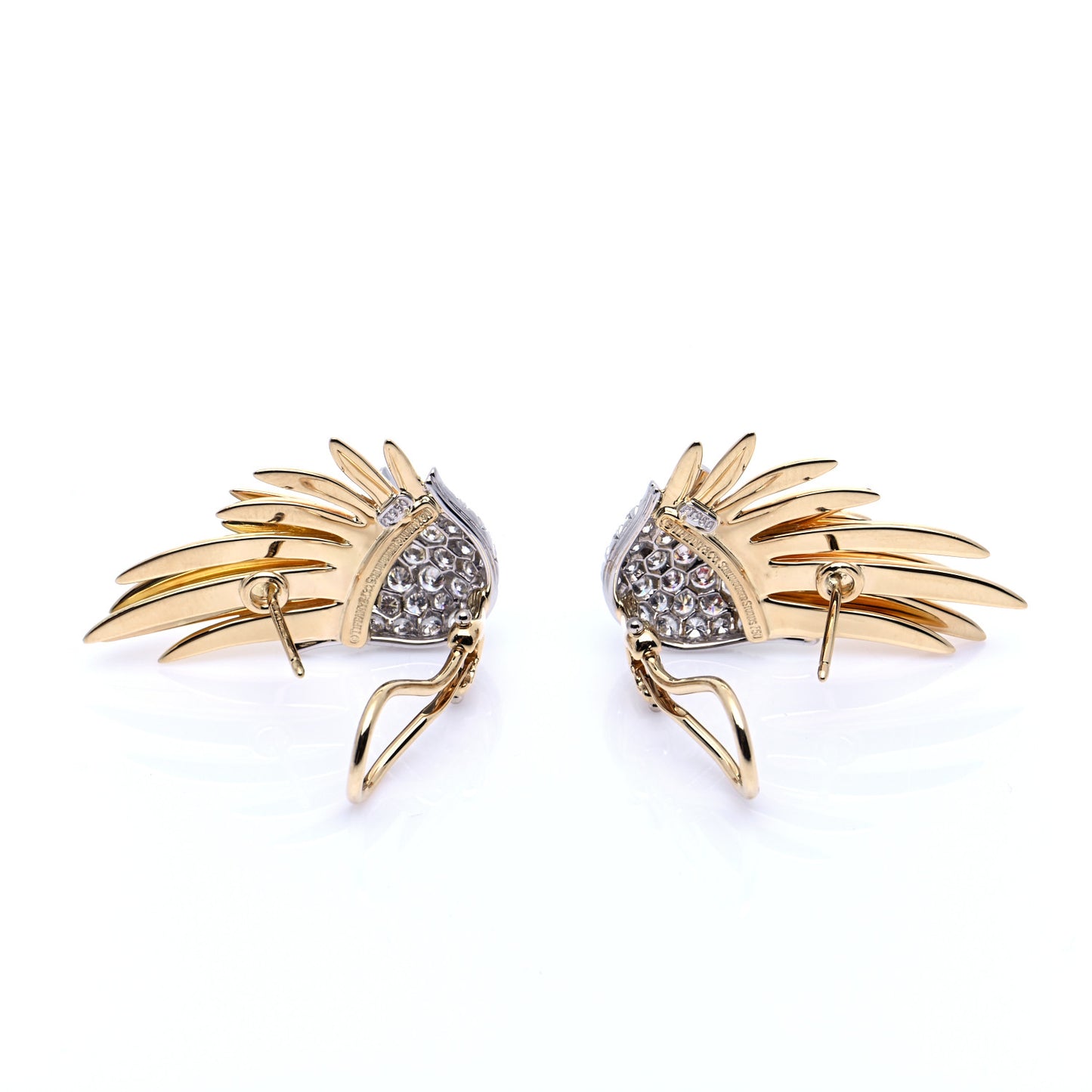 18K Yellow Gold Platinum Diamond Schlumberger Flame Earrings