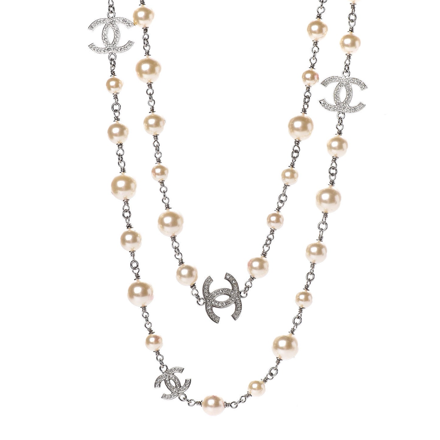 Crystal Pearl CC Long Necklace Silver