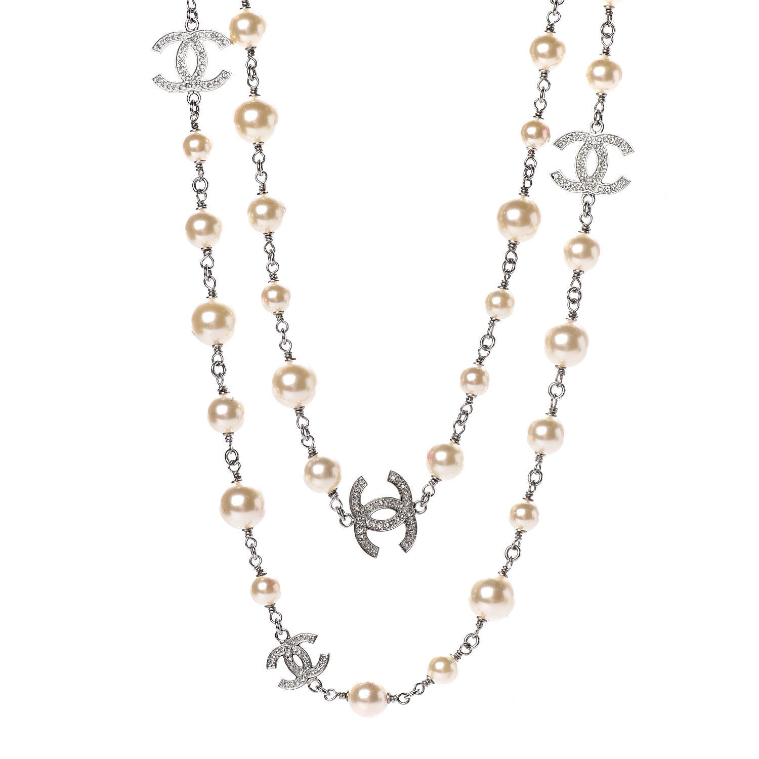 Chanel Crystal Pearl CC Long Necklace Silver 1 of 8