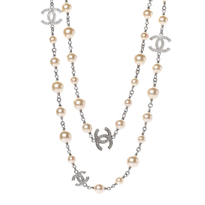 Chanel Crystal Pearl CC Long Necklace Silver 1 of 8