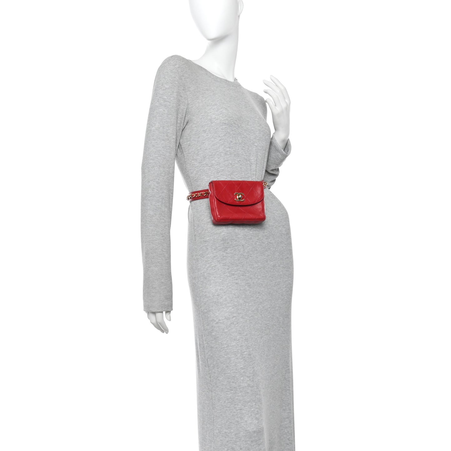 Lambskin Diamond Stitched Waist Chain Belt Flap Bag 75 30  Red