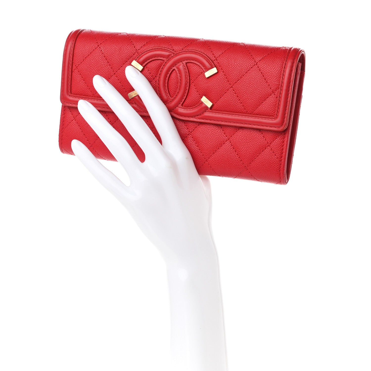 Chanel Caviar Quilted Large Filigree Gusset Flap Wallet Red 2 of 9