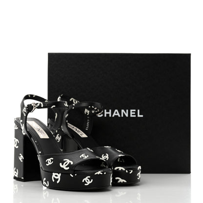 Chanel Printed Lambskin CC Platform Sandals 39 Black White 9 of 9