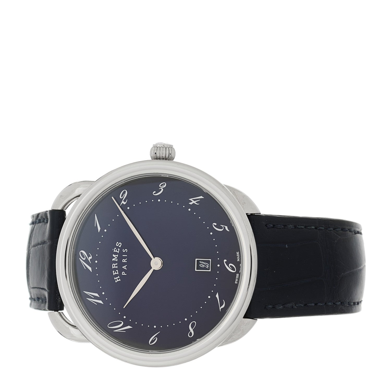 HERMES クォーツ腕時計 ブラックダイバーウォッチ Hermes Stainless Steel Alligator 40mm Arceau Quartz Watch Bleu