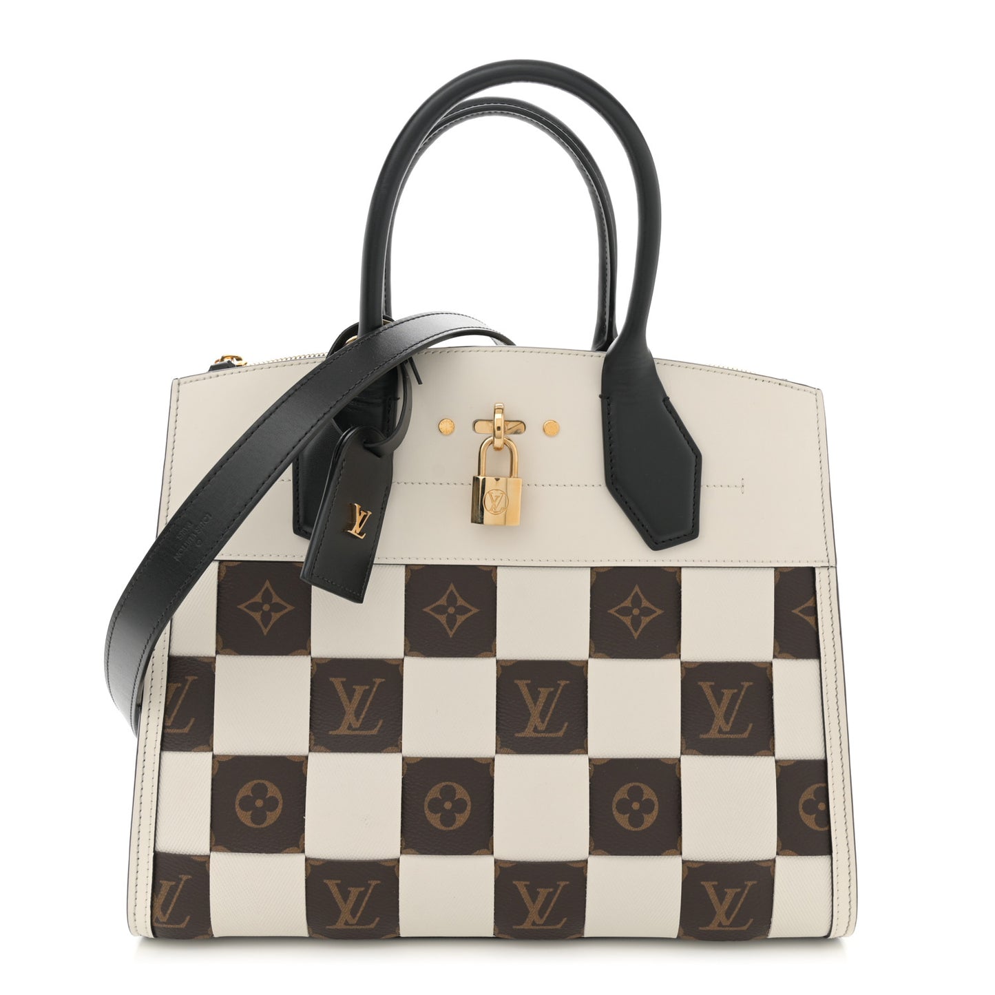 Calfskin Monogram Damier Tressage City Steamer MM Creme