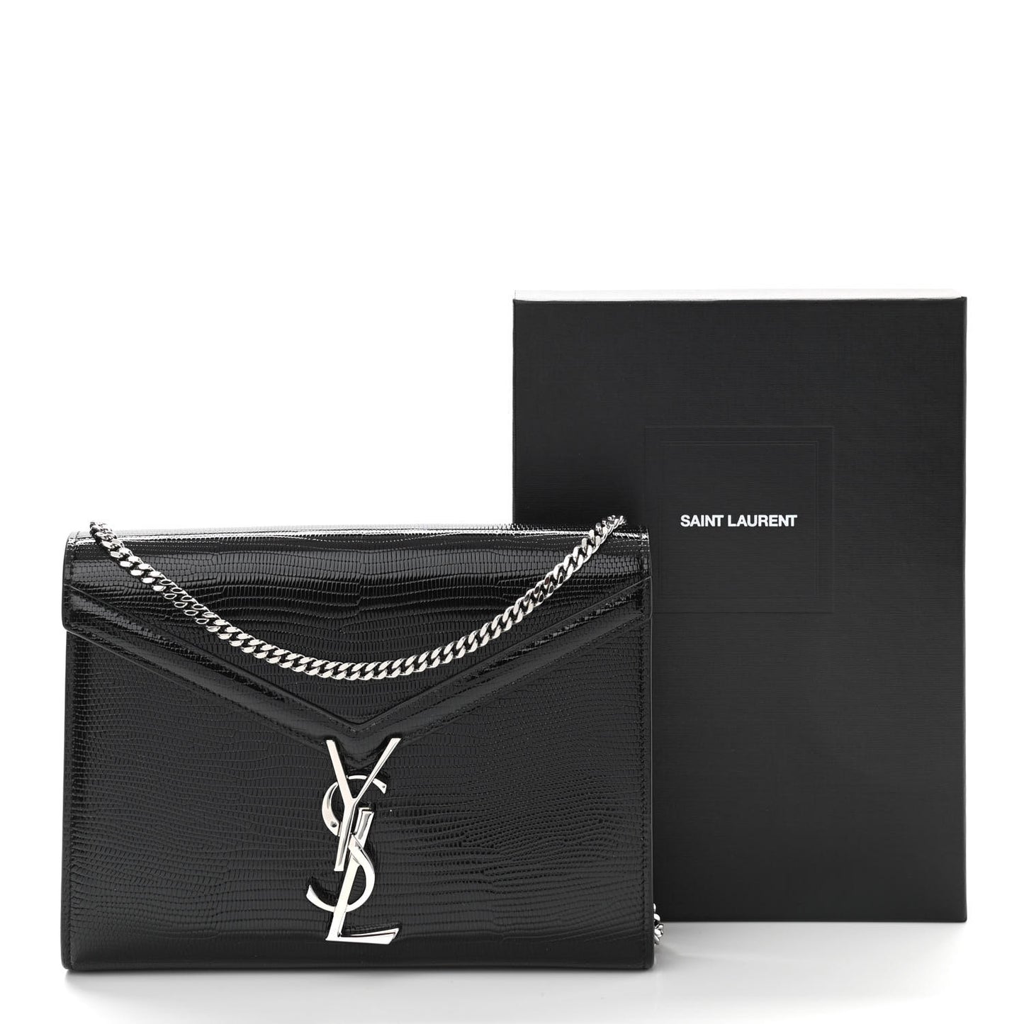 Patent Lizard Embossed Monogram Cassandra Chain Wallet Black