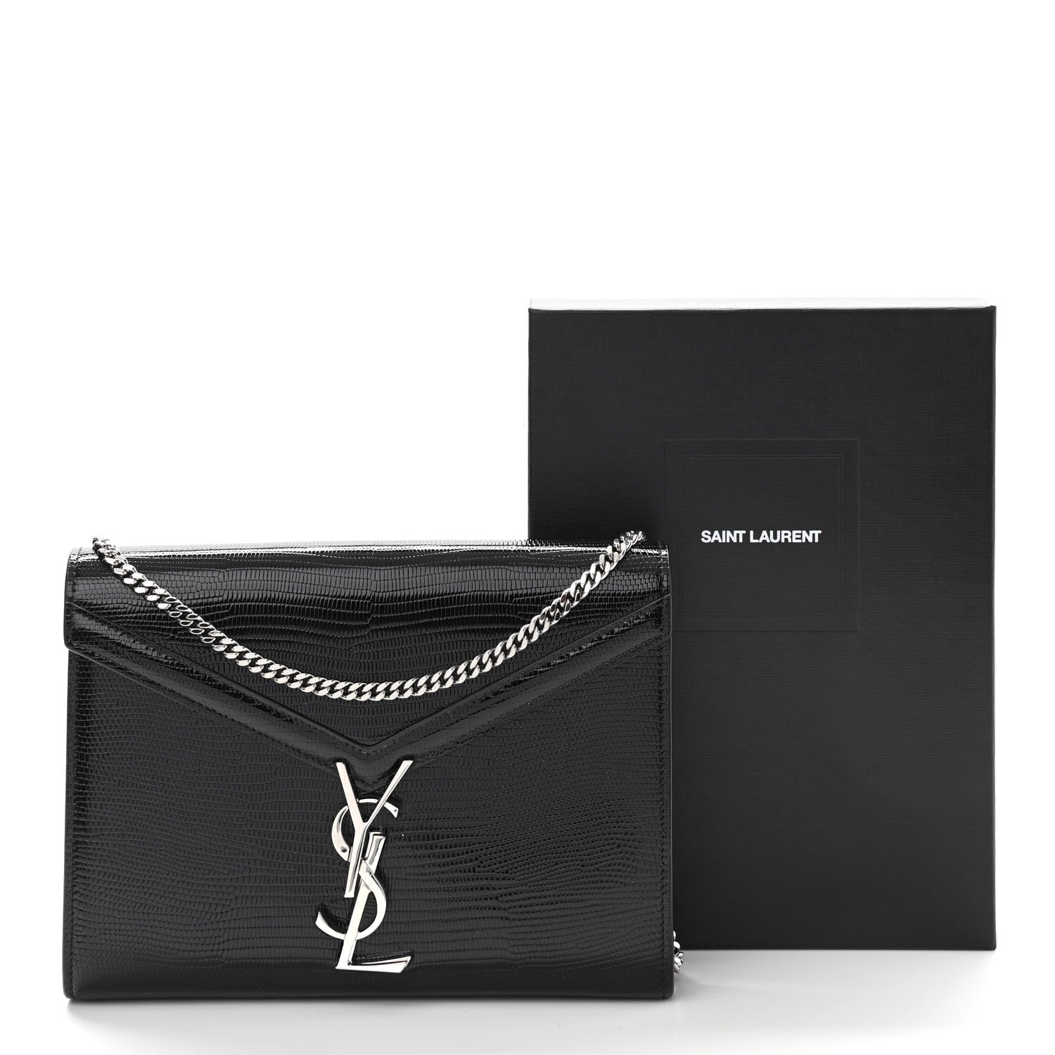 Saint Laurent Patent Lizard Embossed Monogram Cassandra Chain Wallet Black 11 of 11