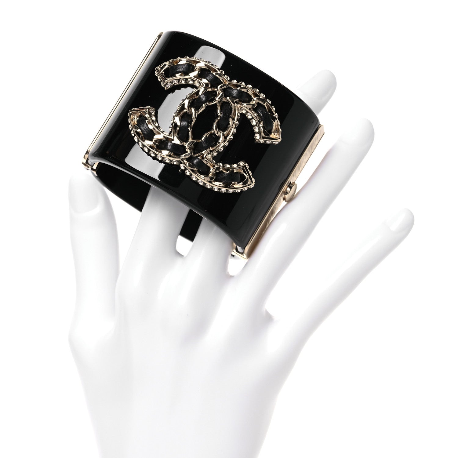 Chanel Resin Crystal Lambskin CC Cuff Black 2 of 6