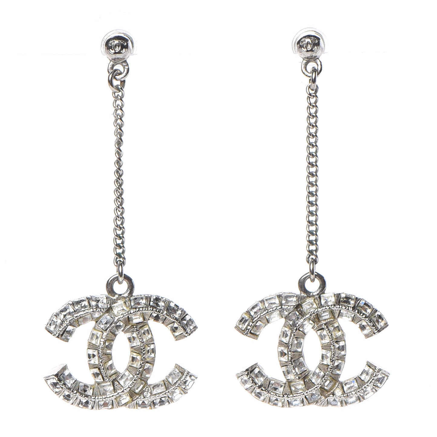 Baguette Crystal CC Drop Earrings Silver