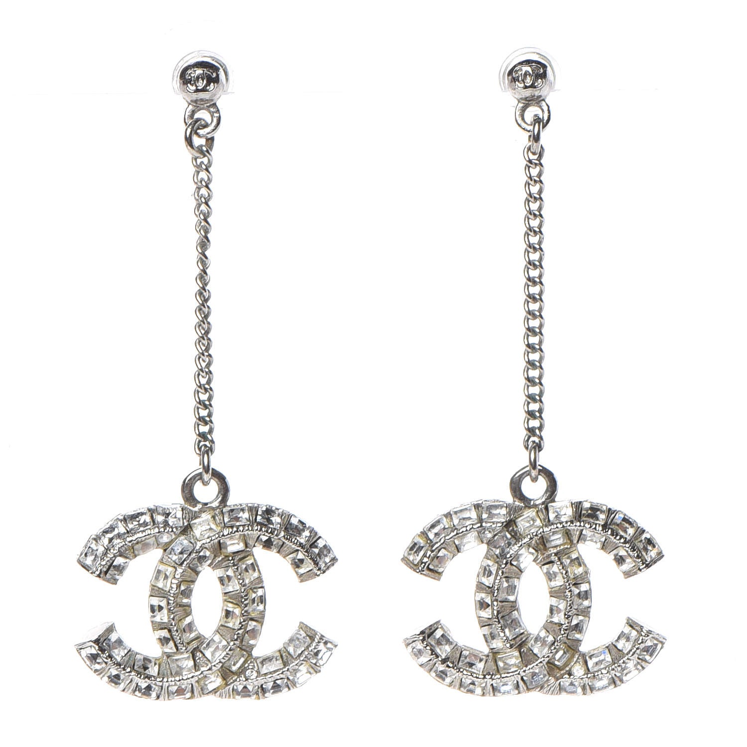 Chanel Baguette Crystal CC Drop Earrings Silver 1 of 4