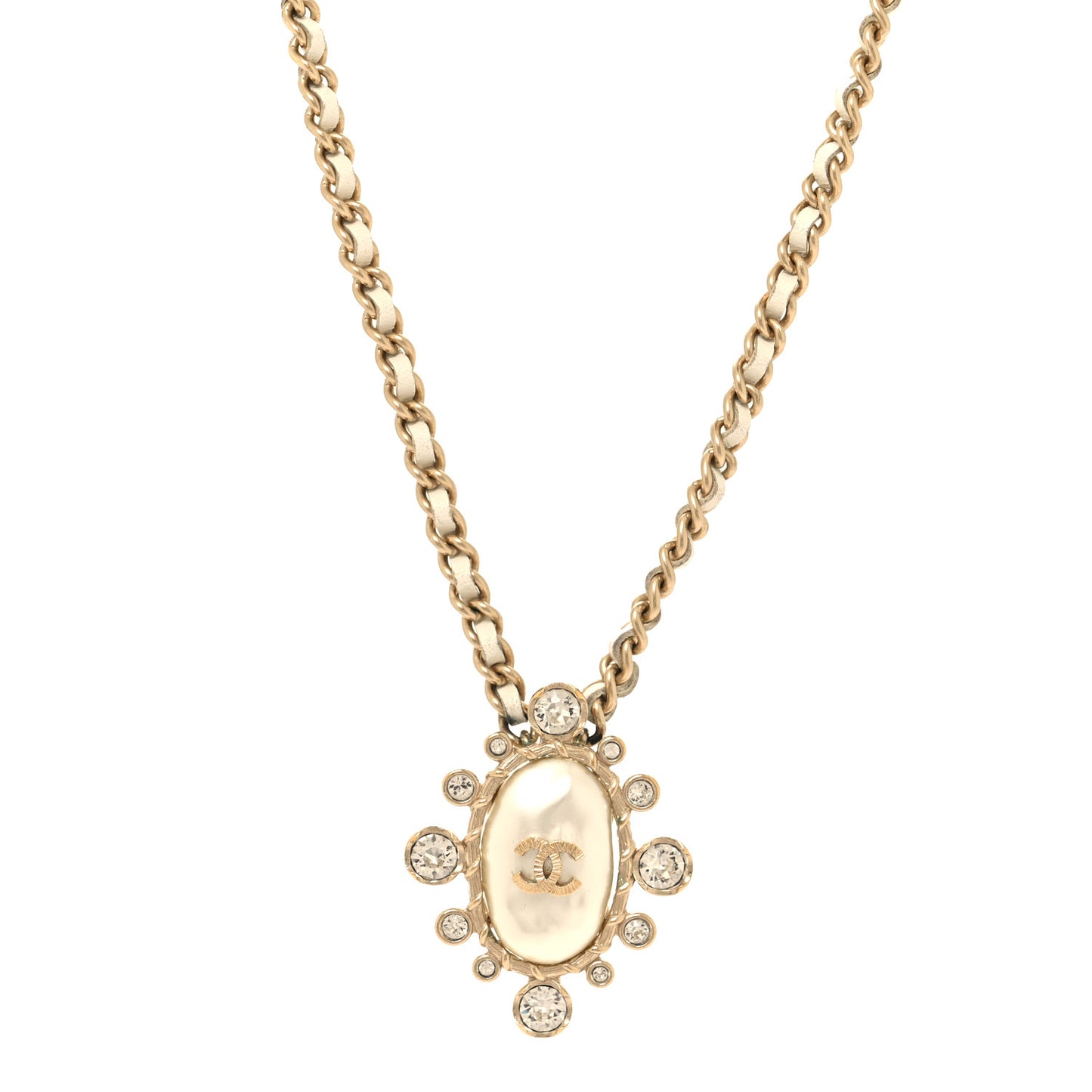 Lambskin Pearl Crystal CC Pendant Necklace Gold