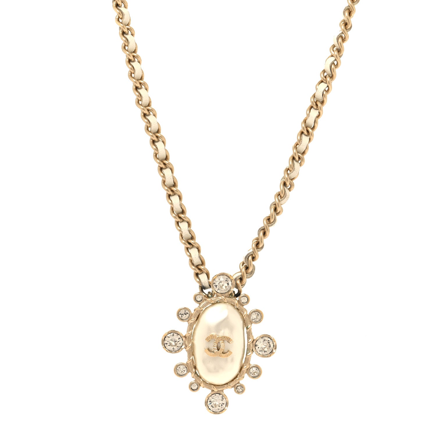 Chanel Lambskin Pearl Crystal CC Pendant Necklace Gold 2 of 4