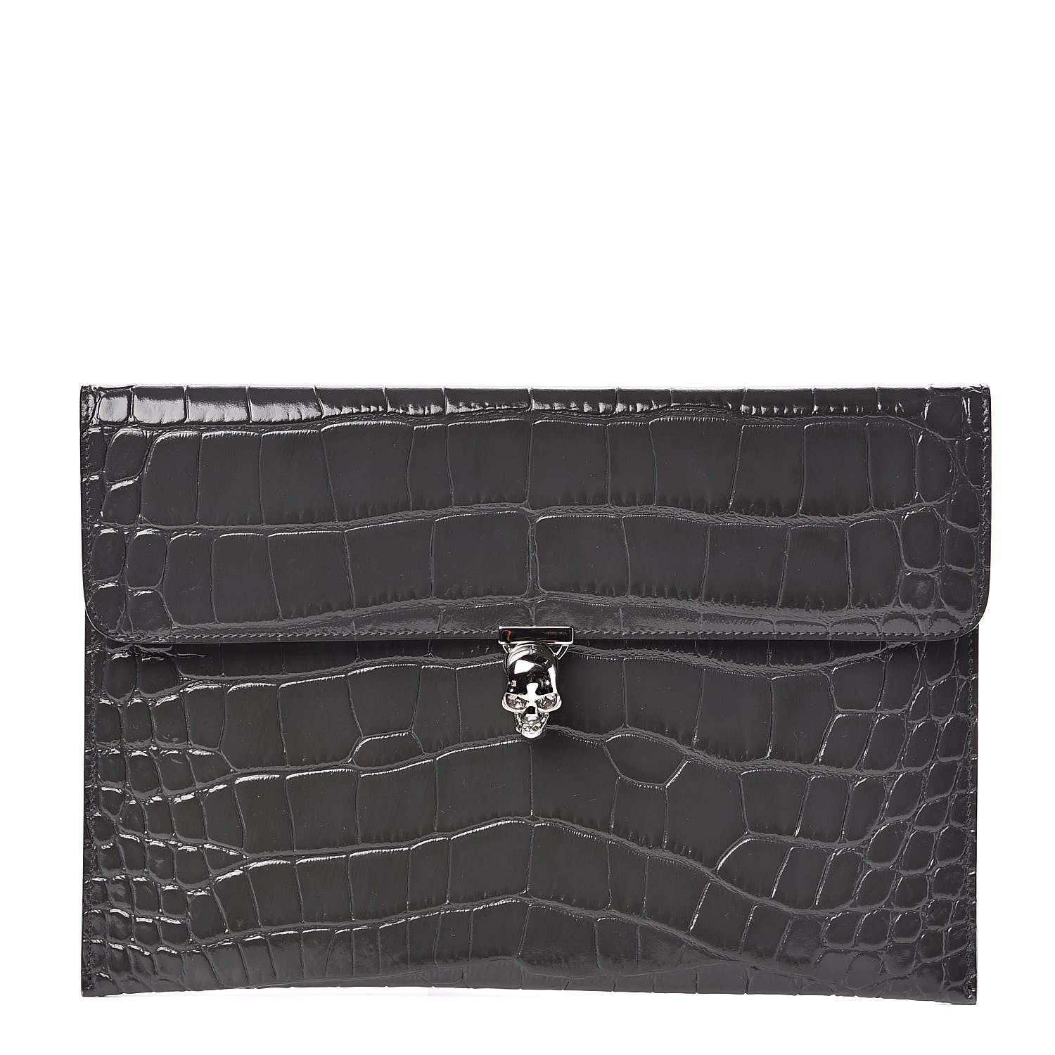 Alexander McQueen Calfskin Crocodile Embossed Skull Envelope Clutch 1 of 6