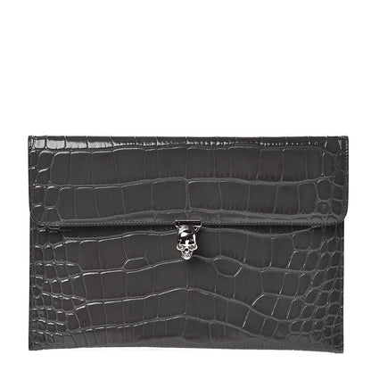 Alexander McQueen Calfskin Crocodile Embossed Skull Envelope Clutch 1 of 6