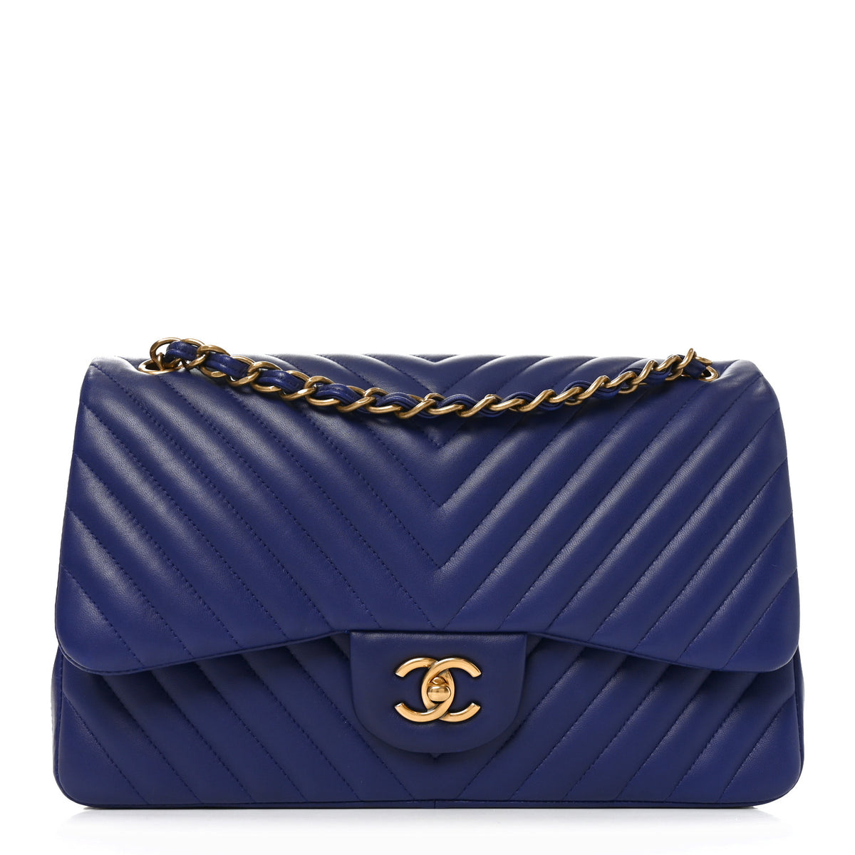 Chanel Lambskin Chevron Quilted Jumbo Double Flap Navy Blue 1 of 10