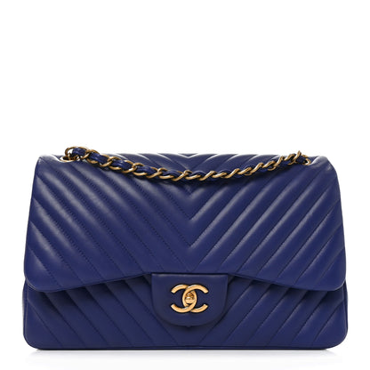 Chanel Lambskin Chevron Quilted Jumbo Double Flap Navy Blue 1 of 10