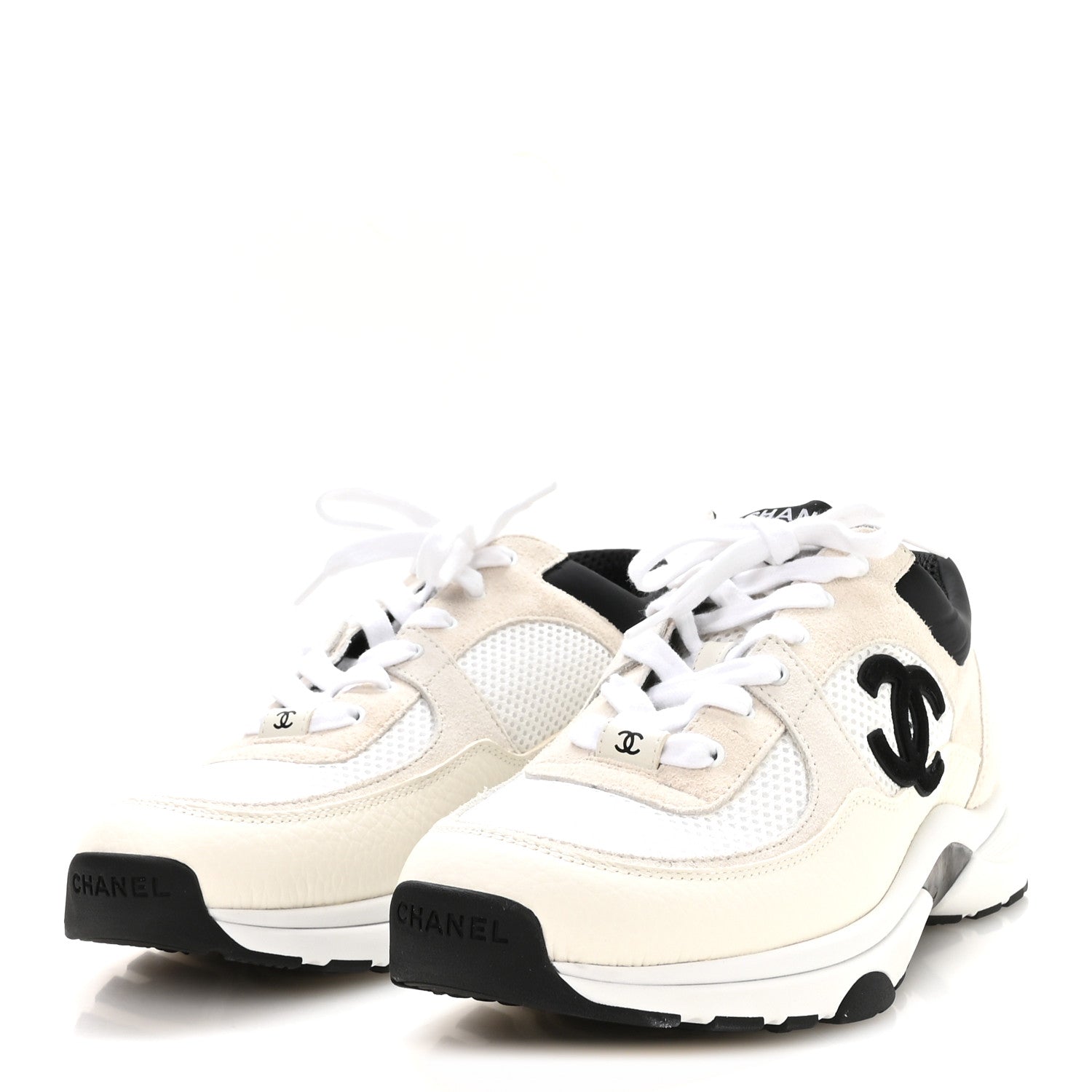Chanel Mesh Suede Calfskin Grained Calfskin Womens CC Sneakers 40.5 White Black 4 of 9
