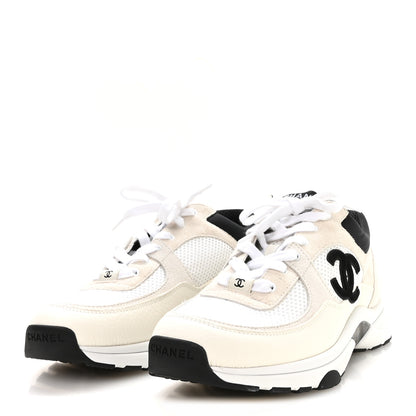 Chanel Mesh Suede Calfskin Grained Calfskin Womens CC Sneakers 40.5 White Black 4 of 9