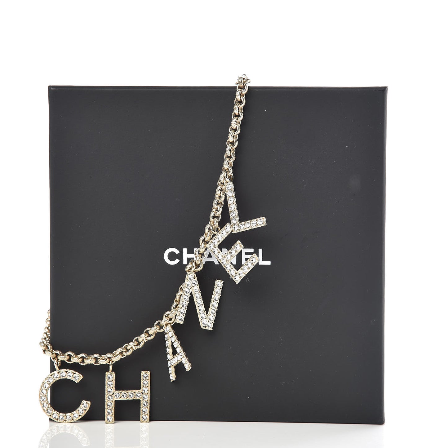 Metal Crystal Cha-Nel Logo Necklace Gold