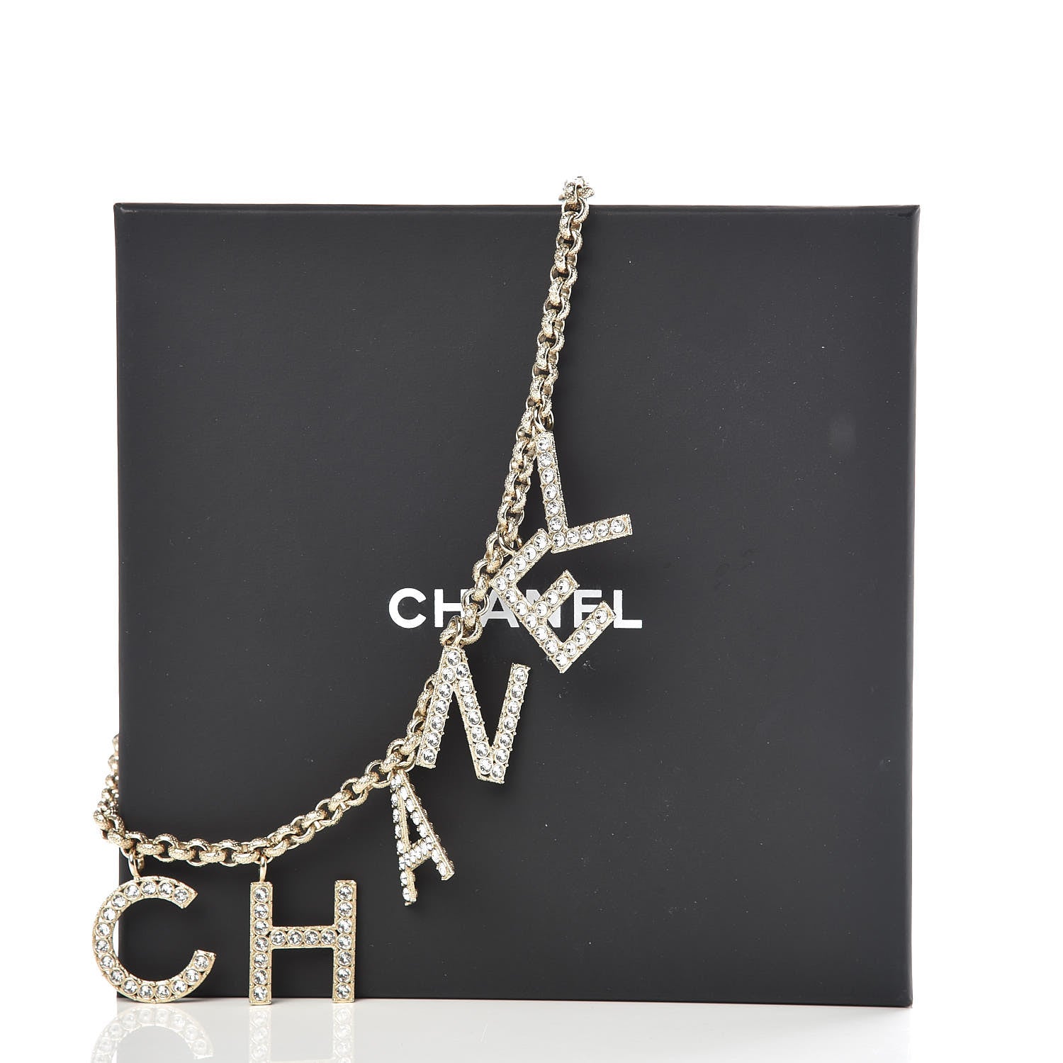 Chanel Metal Crystal Cha-Nel Logo Necklace Gold 6 of 6