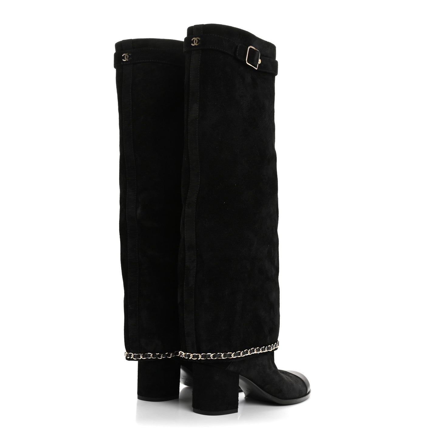 Suede Calfskin Lambskin Cap Toe Chain Fold Over High Boots 37 Black