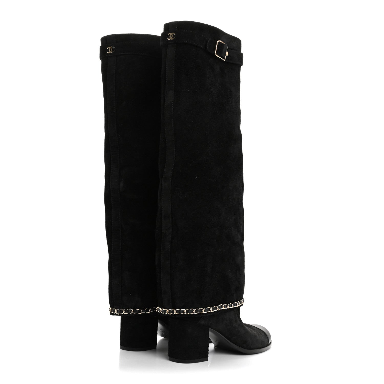 Chanel Suede Calfskin Lambskin Cap Toe Chain Fold Over High Boots 37 Black 4 of 8