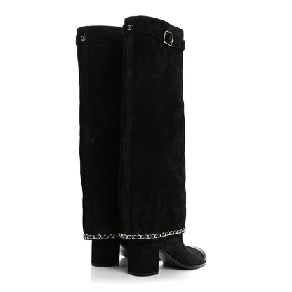 Chanel Suede Calfskin Lambskin Cap Toe Chain Fold Over High Boots 37 Black 4 of 8