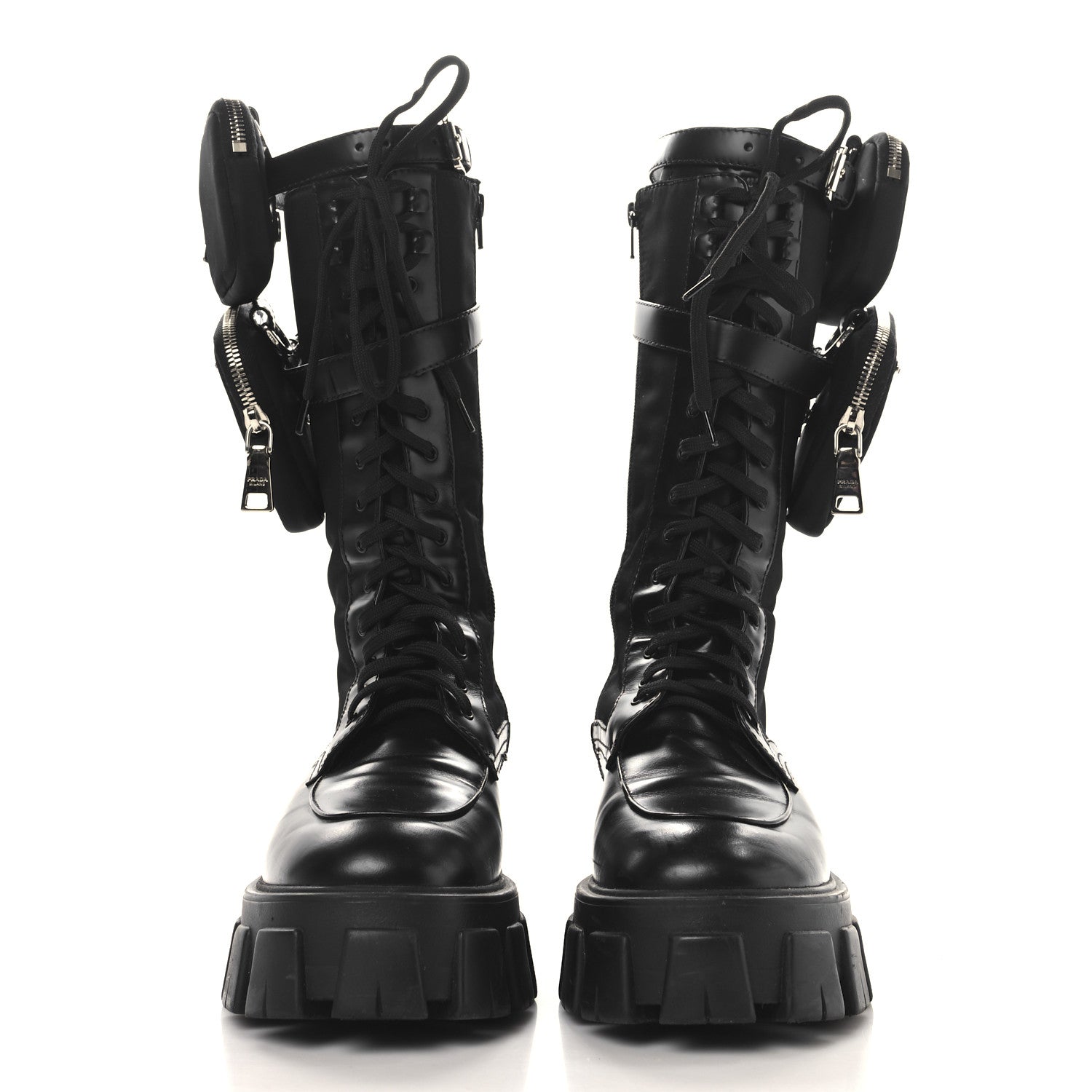Prada Spazzolato Rois Re-Nylon Metal Triangle Logo Monolith Pouch Pocket 55mm Tall Combat Boots 39.5 Black 2 of 9