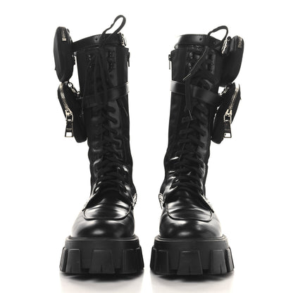Prada Spazzolato Rois Re-Nylon Metal Triangle Logo Monolith Pouch Pocket 55mm Tall Combat Boots 39.5 Black 2 of 9
