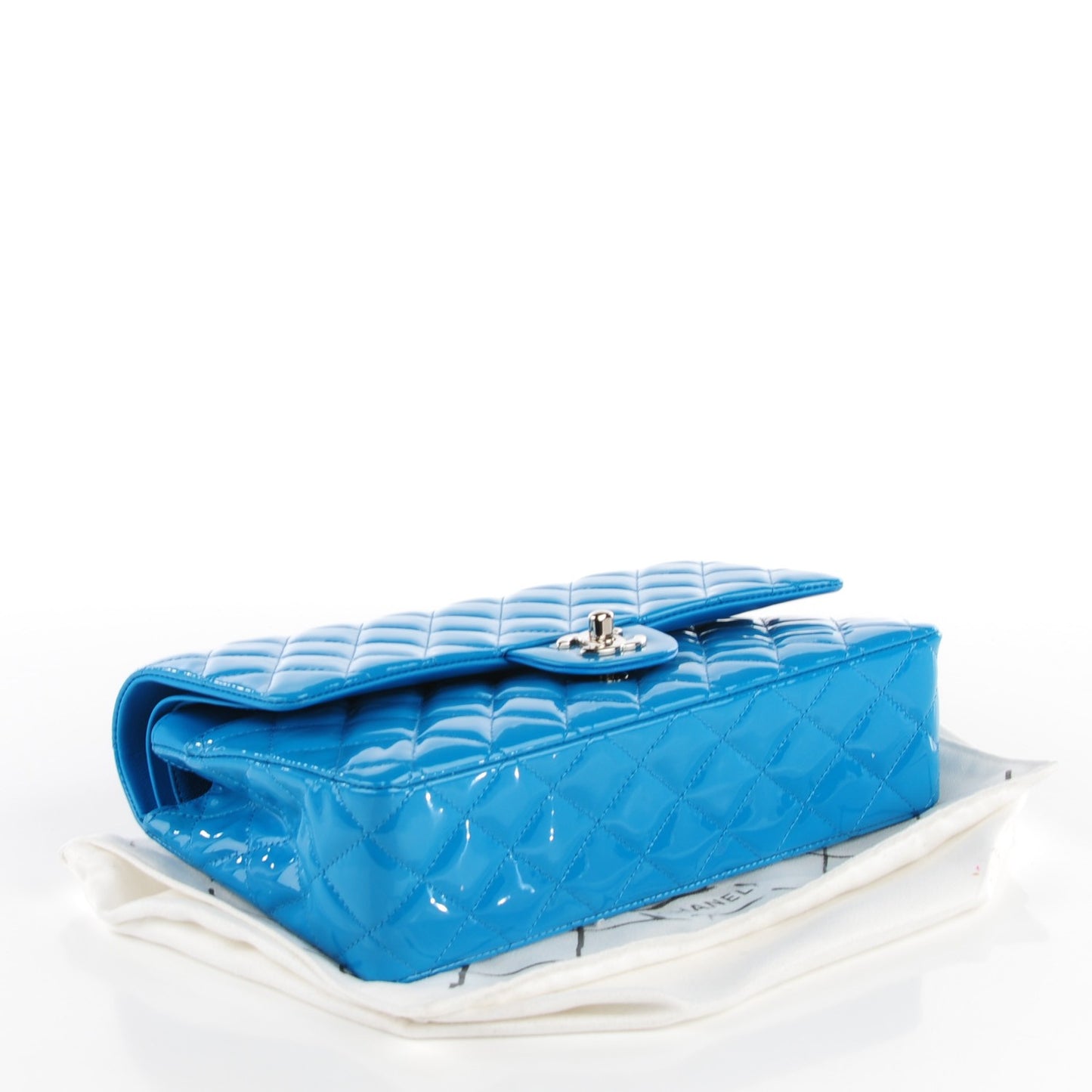 Patent Calfskin Quilted Medium Double Flap Turquoise