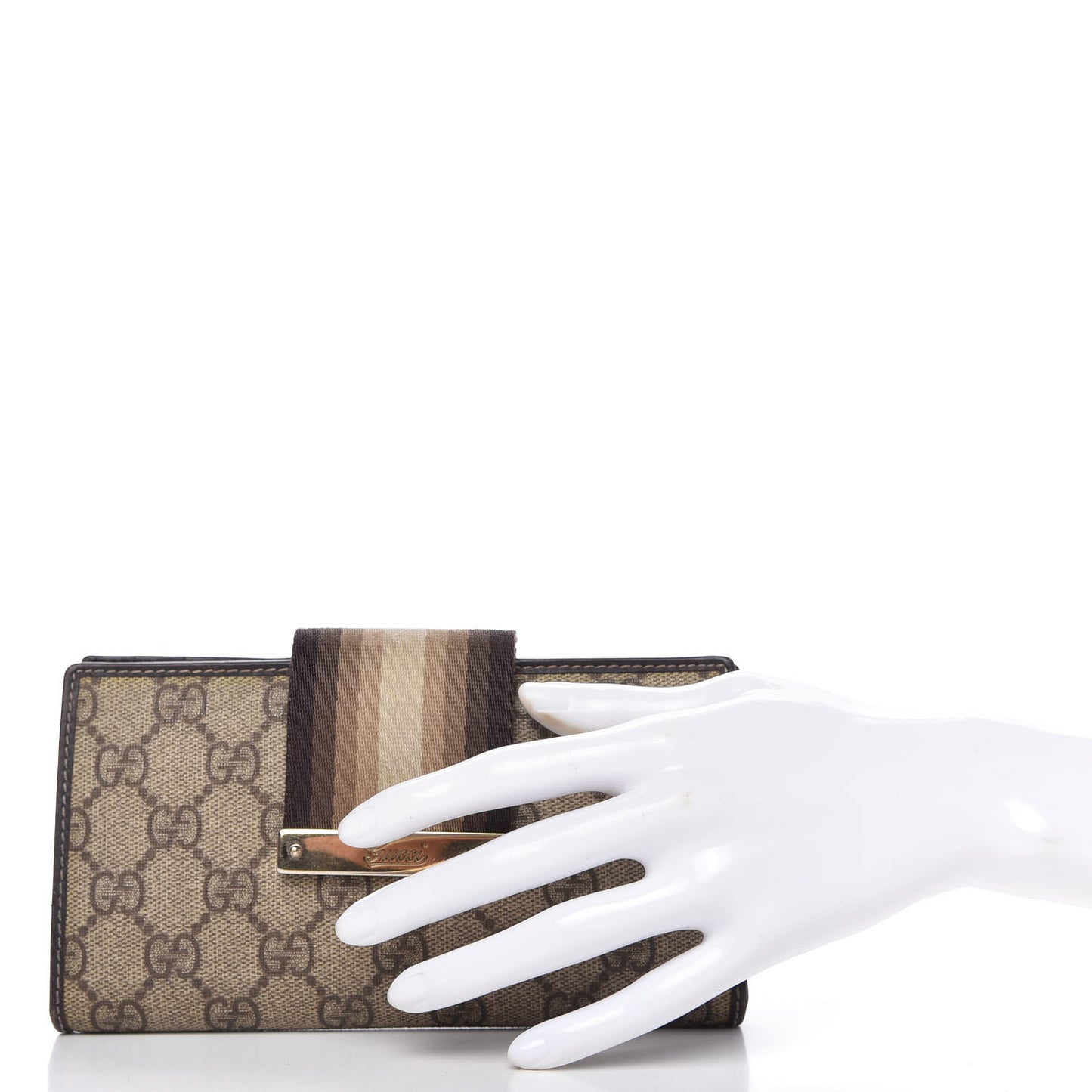 GG Plus Monogram Calfskin Ladies Web Continental Wallet Beige Ebony Brown