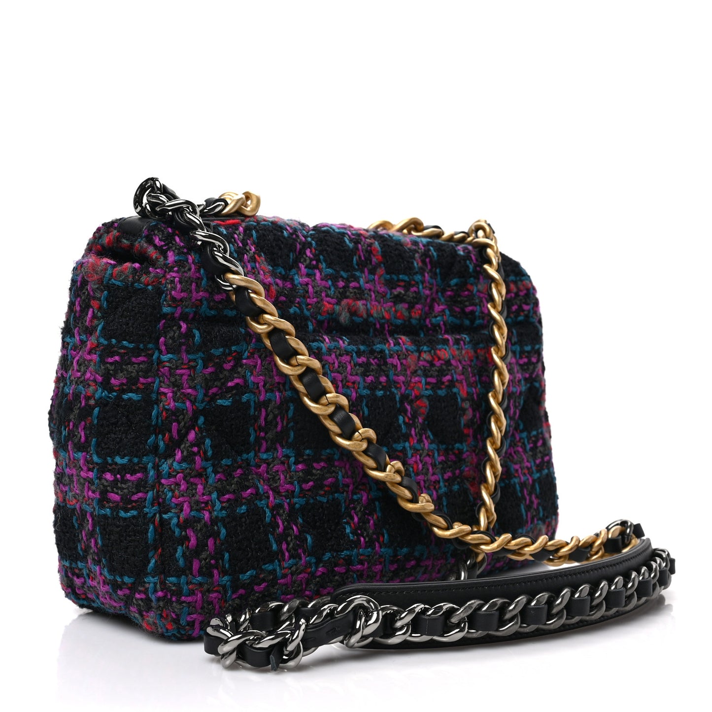 Tweed Quilted Medium Chanel 19 Flap Black Blue Purple