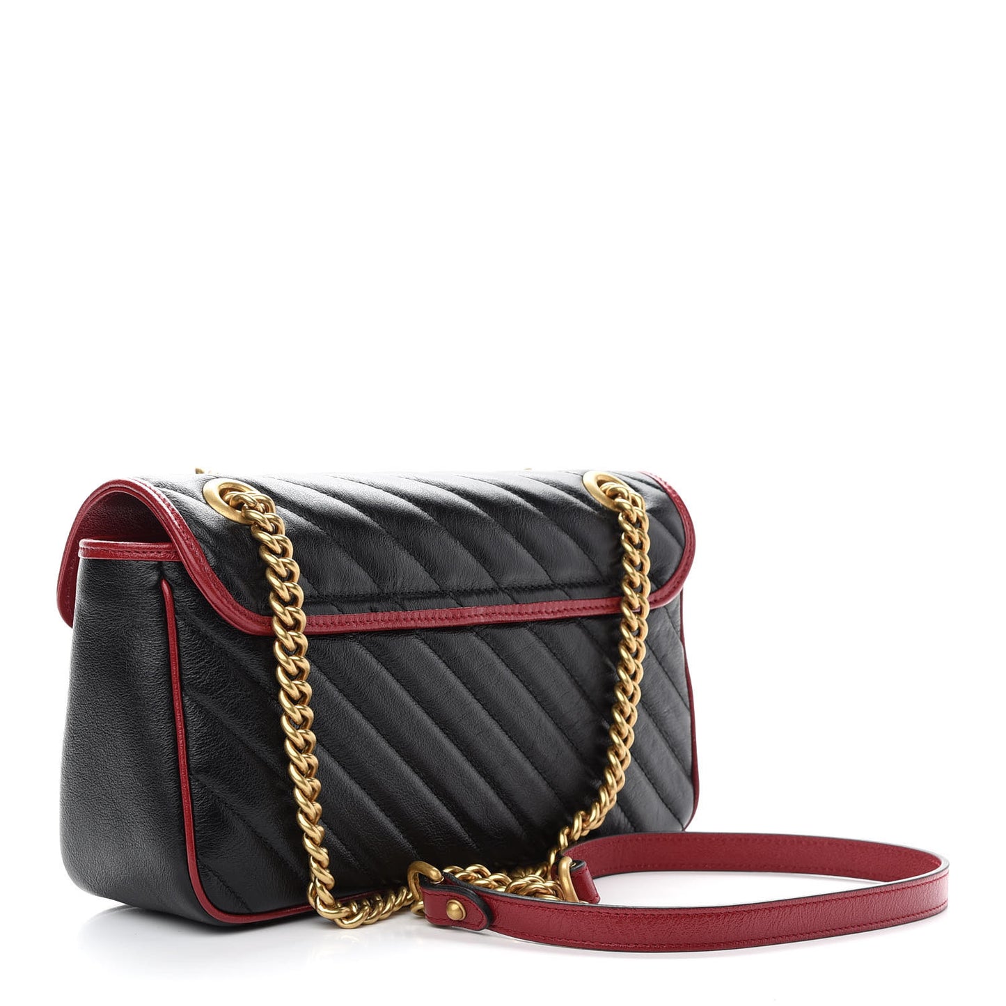 Vintage Effect Calfskin Matelasse Diagonal Small Torchon GG Marmont Shoulder Bag Black Romantic Cherry