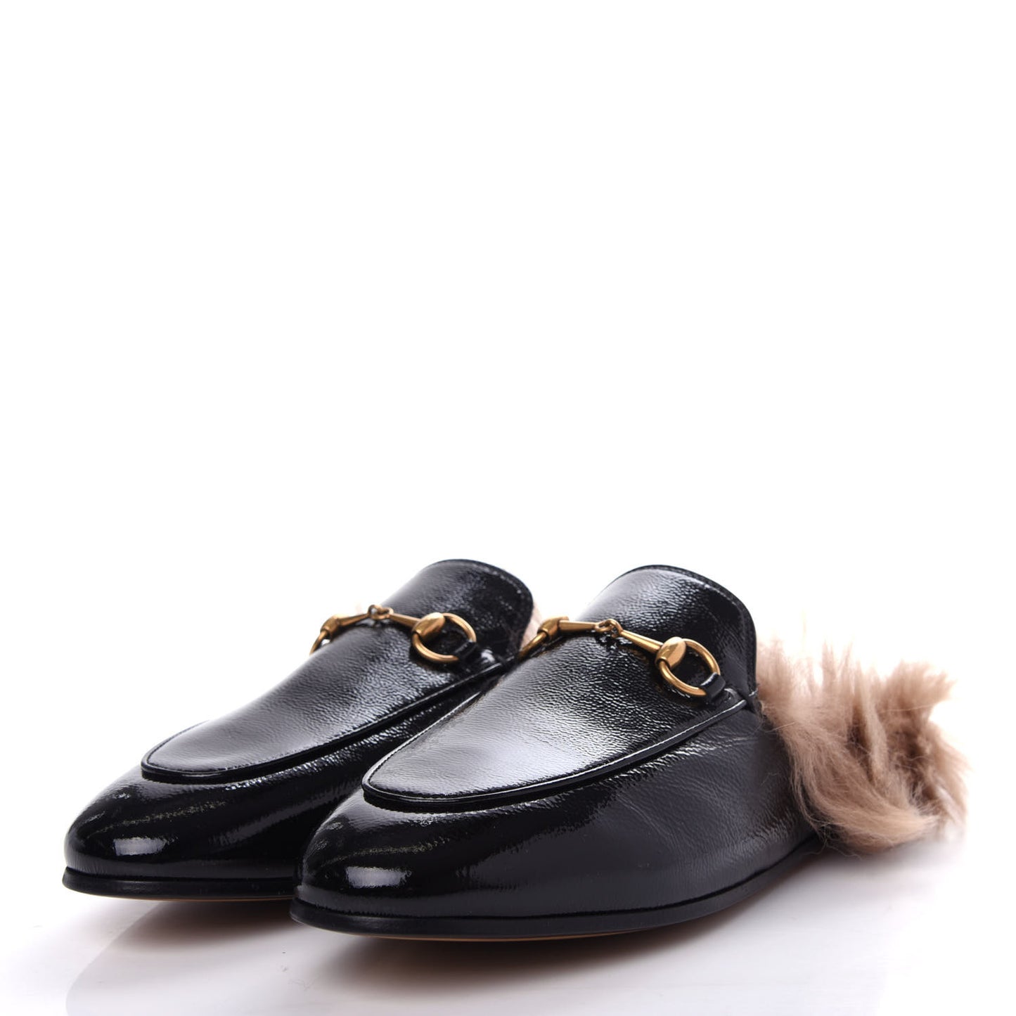 Patent Fur Womens Princetown Slippers 38 Black Natural