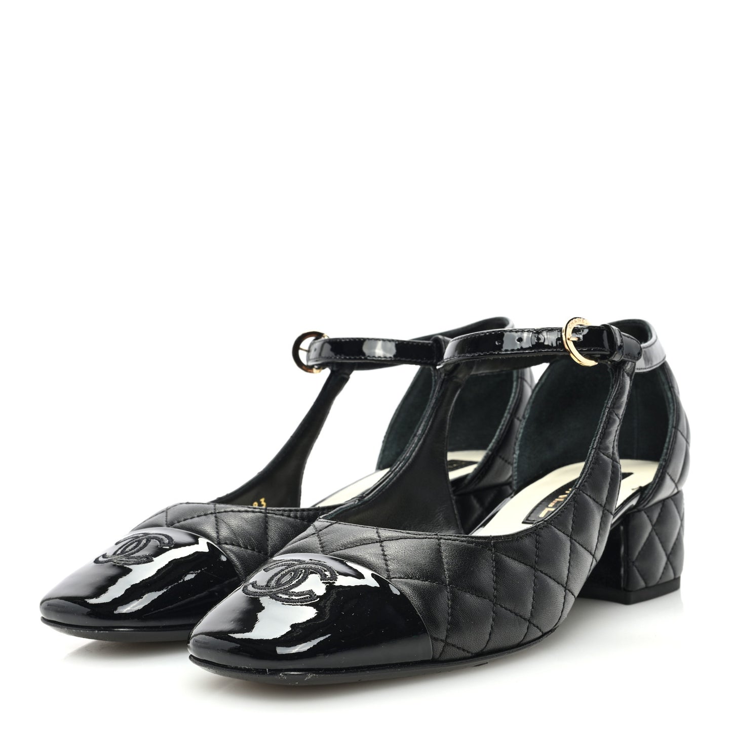 Lambskin Patent Quilted Cap Toe Mary Jane Flats 38.5 Black