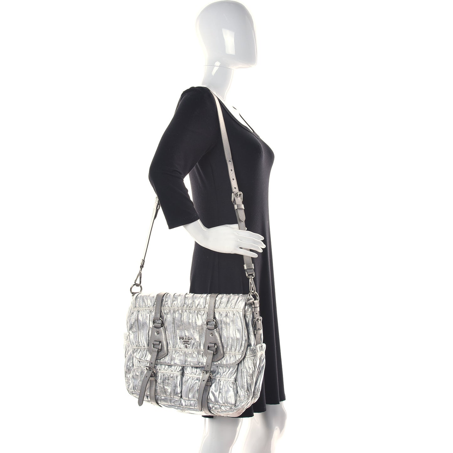Metallic Nappa Gaufre Messenger Tote Silver