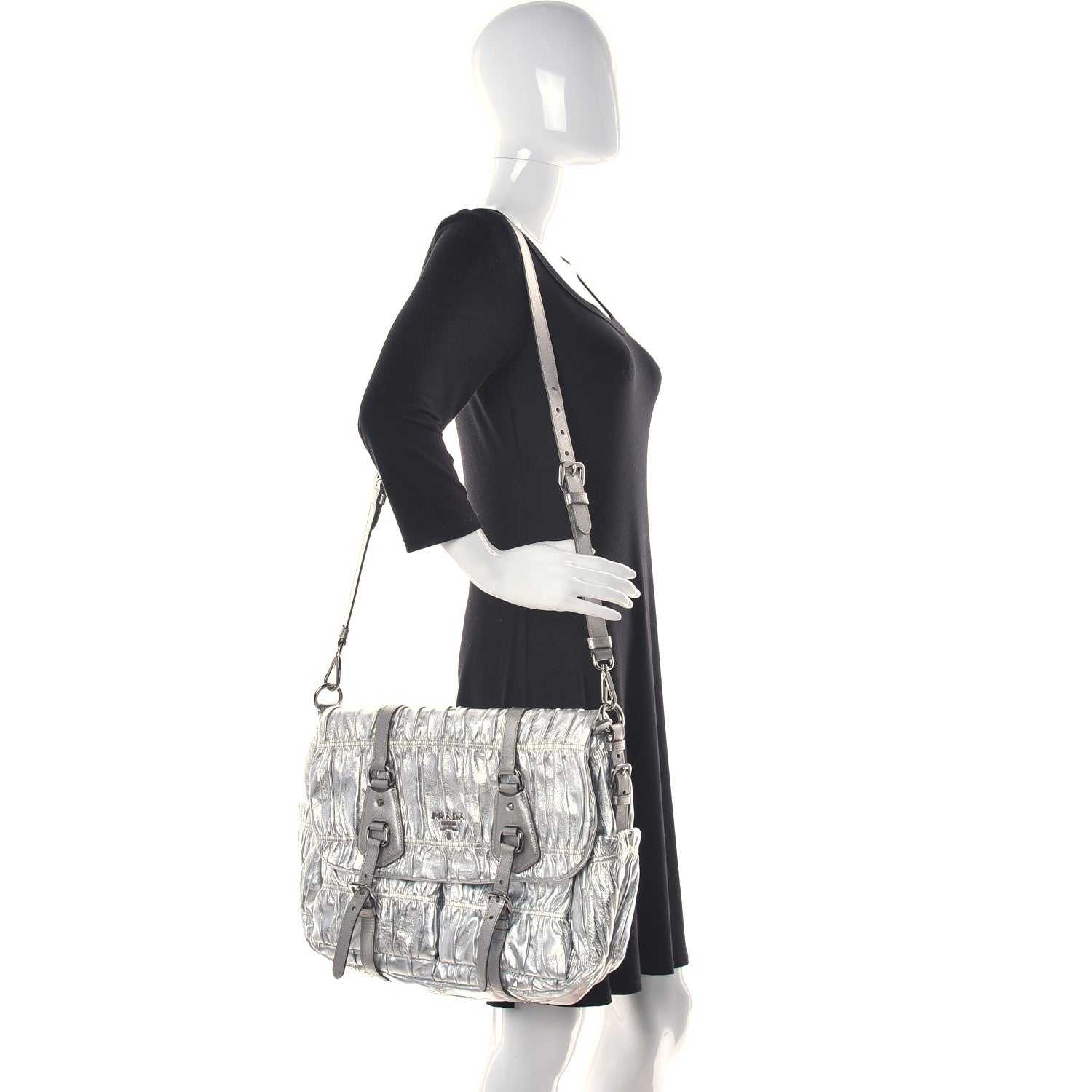 Prada Metallic Nappa Gaufre Messenger Tote Silver 2 of 14